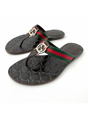 GUCCI | Dark Brown GG Logo Web Stripe Thong Sandals Interlocking Double G EU 36